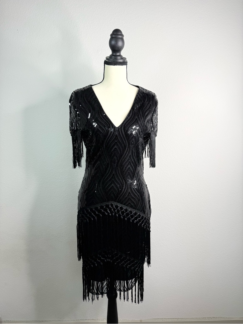 Black Sequin Fringe V-Neck Women’s Dress